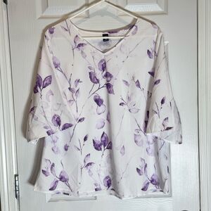 SHEIN Curve Women’s 1XL Mid Sleeve Blouse Purple Leaves and White